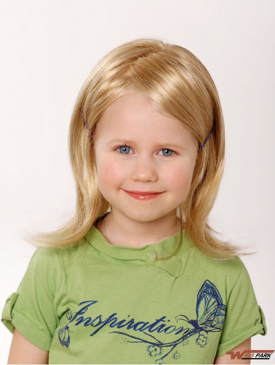 100% Hand-tied 12 inch Straight Shoulder Length Without Bangs Blonde Remy Real Hair Wigs For Kids