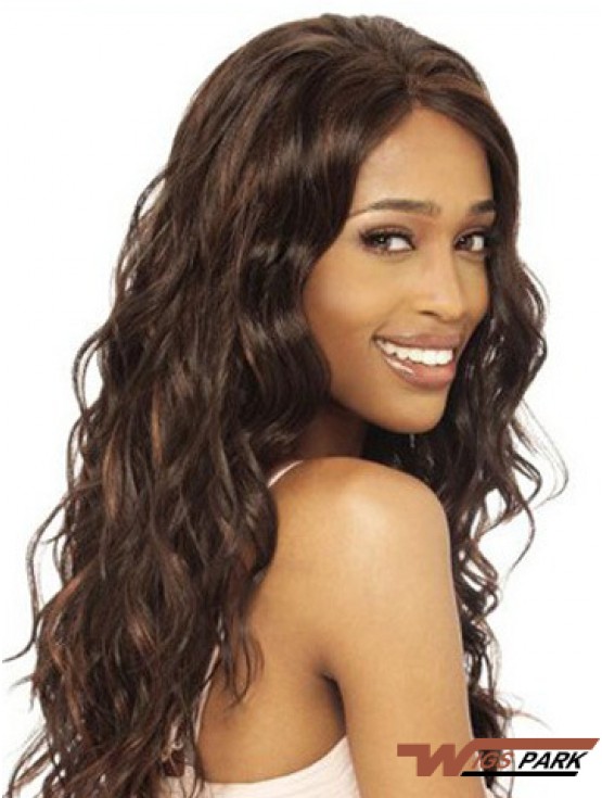 Without Bangs Modern Wavy Brown Long Real Hair Lace Front Wigs