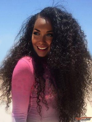 Black 24 inch Lace Front Remy Real  Curly Wigs For African American Women