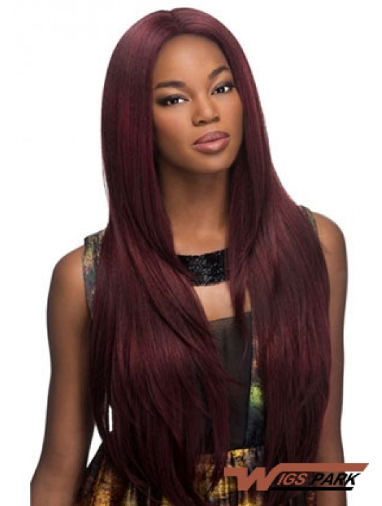 Suitable Red Long Without Bangs Yaki Glueless Lace Front Wigs