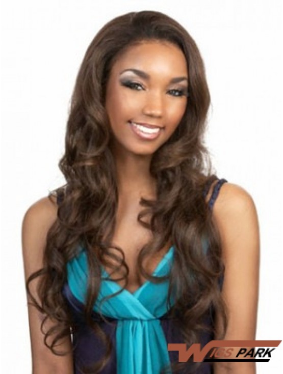 Long Brown Wavy Without Bangs Flexibility African American Wigs