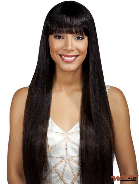 Long Black With Bangs Yaki Fashionable Full Lace Wigs