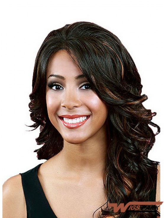 Wavy With Bangs Long Black Durable Lace Front Wigs