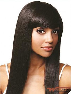 With Bangs Online Straight Black Long Real Hair Lace Front Wigs