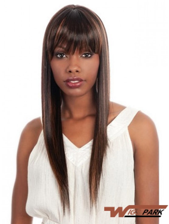 Long Brown Yaki With Bangs Fashionable African American Wigs