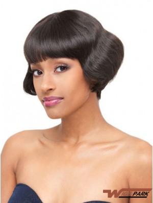 With Bangs Cheap Wavy Black Short Real Hair Lace Front Wigs