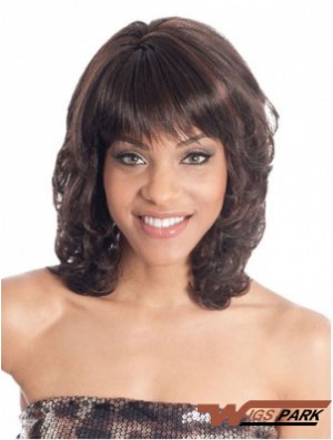 Shoulder Length Brown Wavy With Bangs Fashion African American Wigs