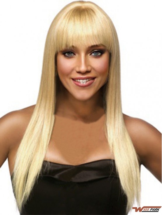 Hairstyles Blonde Long Straight With Bangs Real Hair Wigs