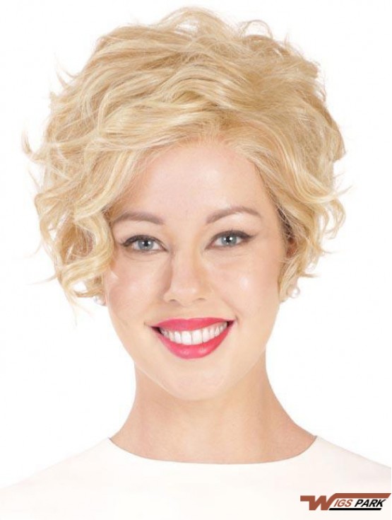 Synthetic Flexibility Cropped Blonde Curly Monofilament Wigs