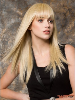 Long Blonde Synthetic Wigs Monofilament Blonde Color With Bangs