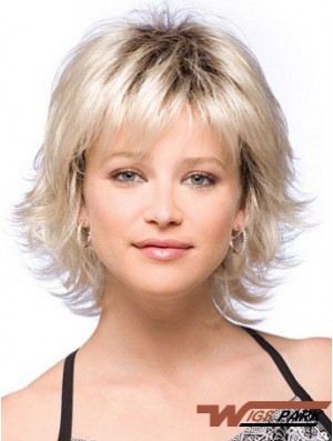 Synthetic Hair Wigs Chin Length With Bangs Blonde Color With Capless