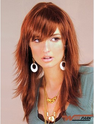 Auburn Color Capless Long Length Layered Cut With Bangs Synthetic Wigs