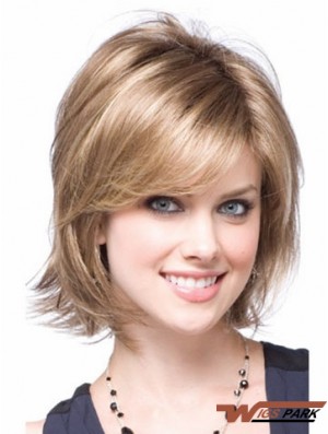 Synthetic With Capless Chin Length Blonde Color Layered Cut