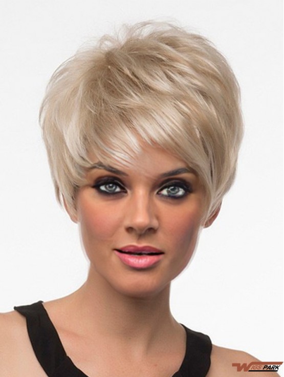 Short Synthetic Wigs With Bangs Blonde Color Straight Style