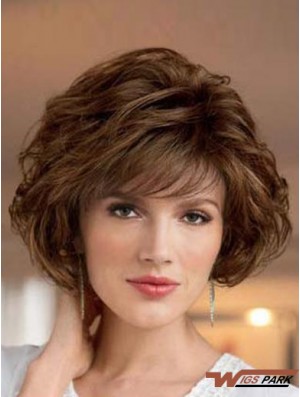 UK Synthetic Wigs Bobs Cut Short Length Brown Color Wavy Style