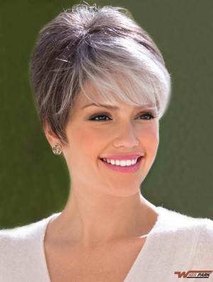 Grey Cropped Capless Boycuts Short Synthetic Wigs For Old Women