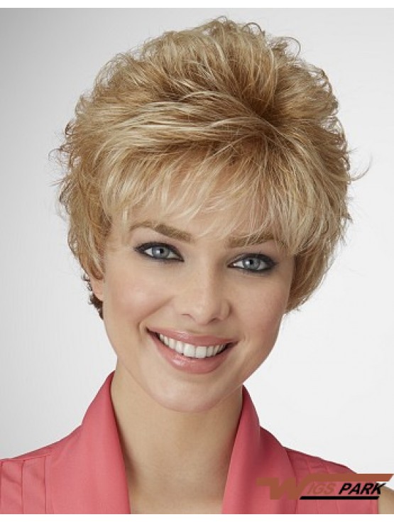 Sleek Synthetic Hair Wig Layered Style Cropped Length Blonde Color