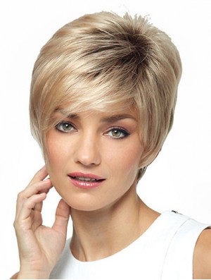 Synthetic Short Ladies Wig With Bangs Short Length Blonde Color