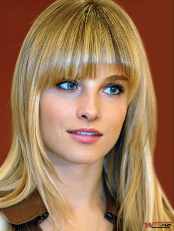 Long Straight Synthetic With Bangs Blonde Mono Top Wig UK