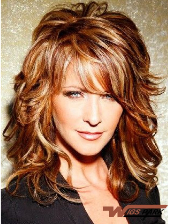 Copper Shoulder Length Curly With Bangs 15 inch Top Medium  Wigs