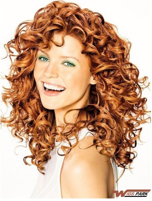 Copper Shoulder Length Curly Without Bangs 16 inch Hairstyles Medium Wigs