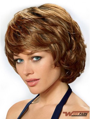 Synthetic Hair Front Lace Wigs UK Chin Length Auburn Color Wavy Style