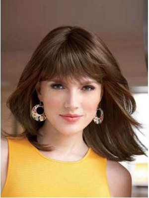 Straight With Bangs Shoulder Length Auburn Style Lace Front Wigs