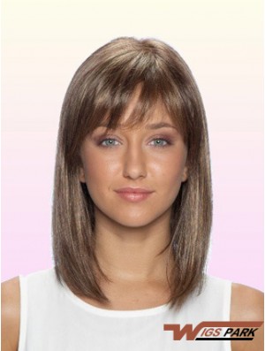 Straight With Bangs Shoulder Length Brown No-Fuss Lace Front Wigs