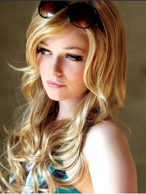 22 inch Wavy With Bangs Monofilament Blonde Suitable Long Wigs