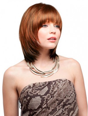 Chin Length With Bangs Straight Auburn No-Fuss Synthetic Wigs