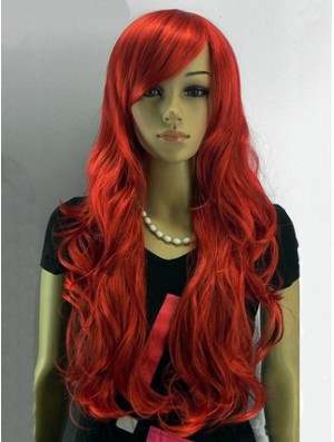 24 inch Wavy With Bangs Capless Red Affordable Long Wigs