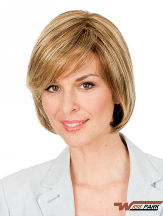 Hand Tied Short Wigs Synthetic Chin Length Monofilament Blonde Color