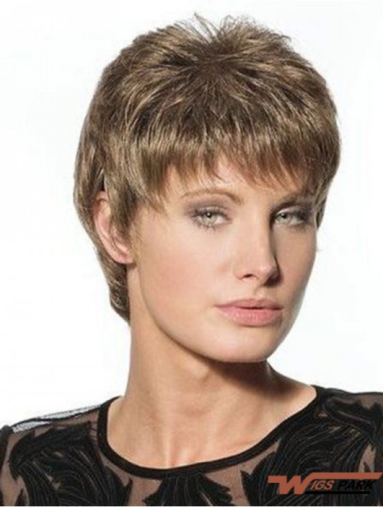 Suitable Brown Cropped Boycuts Straight Glueless Lace Front Wigs