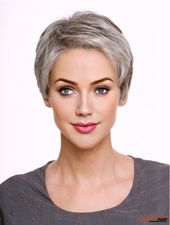 Monofilament 5 inch Cropped Synthetic Straight Grey Wigs