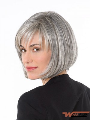 Capless 10 inch Chin Length Synthetic Straight Ladies Grey Wigs