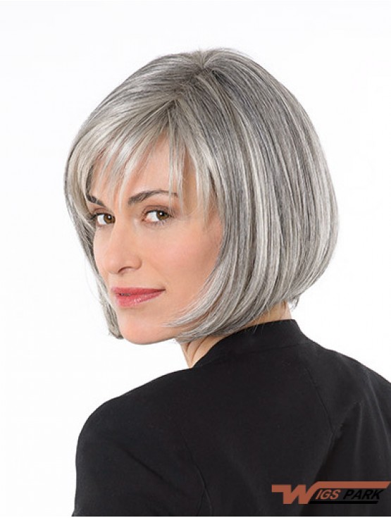 Capless 10 inch Chin Length Synthetic Straight Ladies Grey Wigs