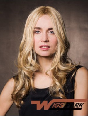 Monofilament Synthetic 17 inch Long Wavy Blonde Without Bangs Cheap Wigs For Cancer Patients