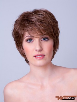 Synthetic Monofilament 8 inch Layered Straight Brown Ladies Short Hair Wigs