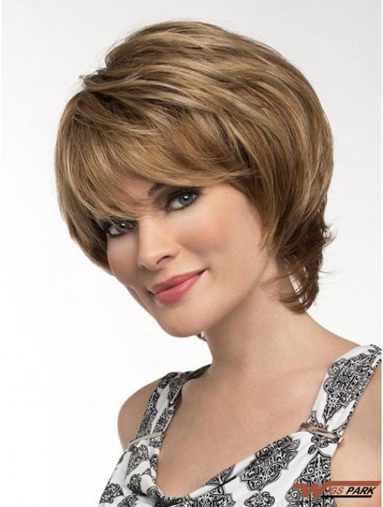 Straight Brown With Bangs 8 inch Monofilament Wigs