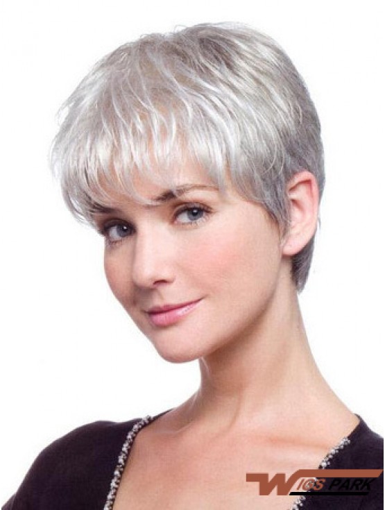 Grey Hair Wig With Synthetic Lace Front Grey Cut Straight Style