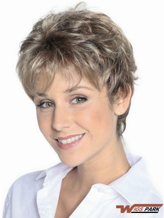 Grey Hair Wigs Short Brown Color Cropped Length Wavy Style