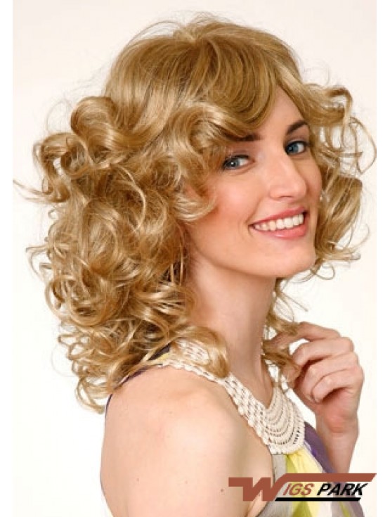 Layered Blonde Curly Shoulder Length 16 inch Durable Medium Wigs