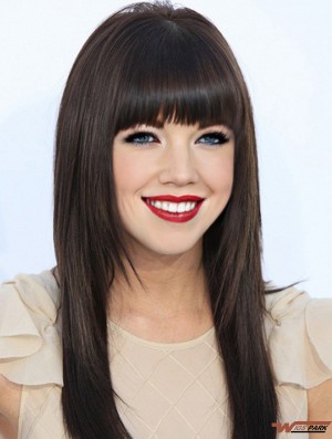 Real Hair Carly Rae Jepsen Wigs 100% Hand Tied Black Color With Bangs