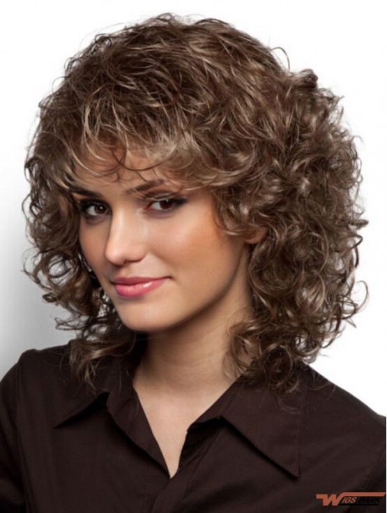 Mono Wigs Sale With Bangs Curly Style Brown Color Shoulder Length