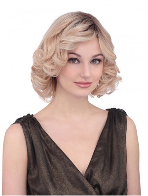 Chin Length Curly With Bangs Fabulous Blonde Lace Front Wigs