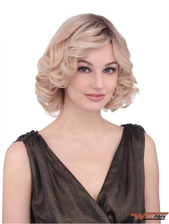 Chin Length Curly With Bangs Fabulous Blonde Lace Front Wigs