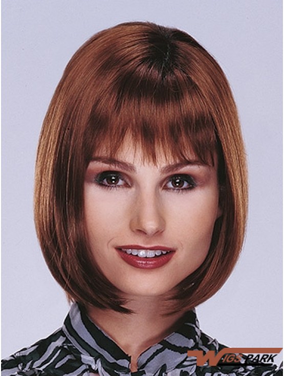 Chin Length Straight Monofilament Auburn Top Bob Wigs