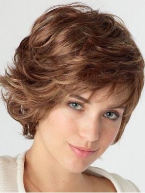 Wavy With Bangs Shoulder Length Auburn Natural Lace Front Wigs