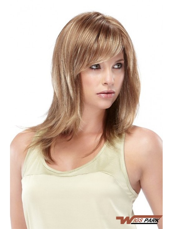 Straight With Bangs Shoulder Length Blonde Designed Lace Front Wigs