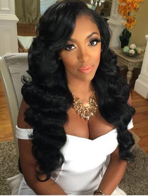 Remy Real Hair Black Wavy 22 inch Without Bangs 360 Lace Wigs